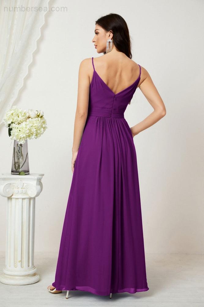 Chiffon V-Neck Bridesmaid Dress Spaghetti Strap Long Formal Party Prom Gowns with Slit 28010