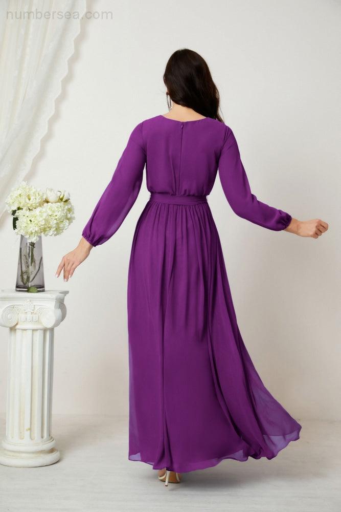 Evening Dresses Deep V-Neck Chiffon Bridesmaid Dresses Long Bishop Sleeve Side Split Formal Dress 2806
