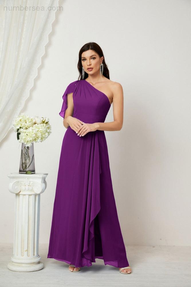 Chiffon Ruffled One Shoulder Long Bridesmaid Dresses A-line Formal Evening Gown Side Split 2809