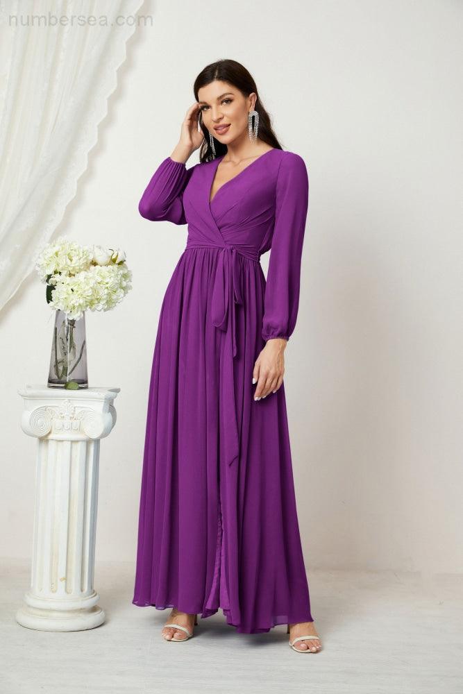 Evening Dresses Deep V-Neck Chiffon Bridesmaid Dresses Long Bishop Sleeve Side Split Formal Dress 2806