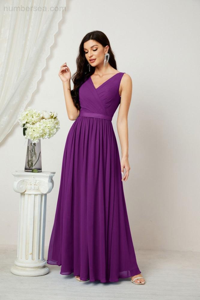 Abiti lunghi da damigella in chiffon da donna, linea a, senza maniche, abito formale da ballo per serata, abiti per festa di ritorno a casa 2808