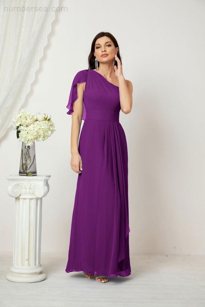 Chiffon Ruffled One Shoulder Long Bridesmaid Dresses A-line Formal Evening Gown Side Split 2809