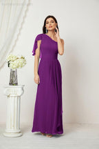 Chiffon Ruffled One Shoulder Long Bridesmaid Dresses A-line Formal Evening Gown Side Split 2809
