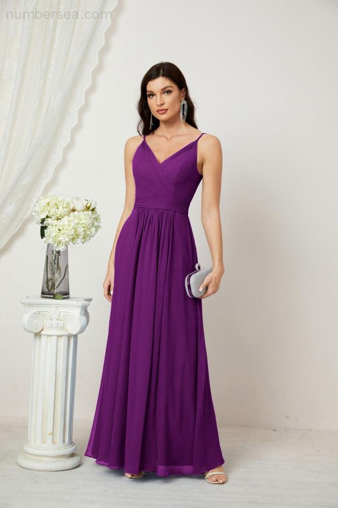 Chiffon V-Neck Bridesmaid Dress Spaghetti Strap Long Formal Party Prom Gowns with Slit 28010