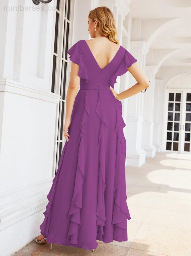 Ruffled Bridesmaid Dresses with Sleeves Long Formal Party Dress 28041