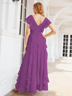 Ruffled Bridesmaid Dresses with Sleeves Long Formal Party Dress 28041