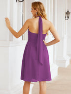 Halter Chiffon Bridesmaid Dresses Short Sleeveless Formal Party Dress Open Back 28023
