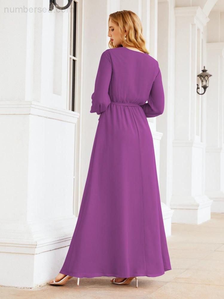 Vestito da damigella d'onore in chiffon da donna Numbersea, linea a trapezio, maniche lunghe, abito lungo formale da sera per ospite di matrimonio 28032