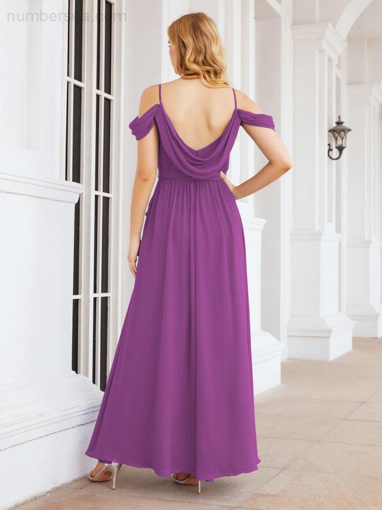 Numbersea Abito da Damigella in Chiffon con Spalle Scoperte, Abito Lungo Formale per Laurea con Schiena a Mantella 28069