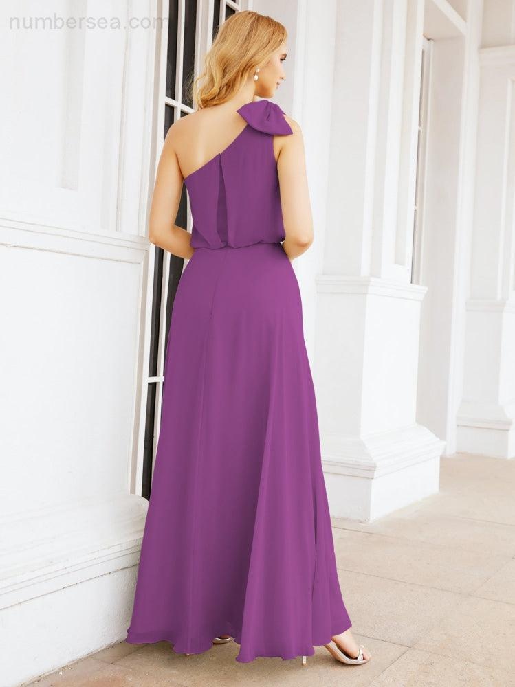 Chiffon Ruffled One Shoulder Sleeveless Long Bride Dresses A-line Formal Evening Gown Side Split 28057