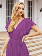 Abiti da sera formali da donna Numbersea con schiena scoperta, scollo a V, lunghi in chiffon, abiti da damigella con cintura in vita 28038