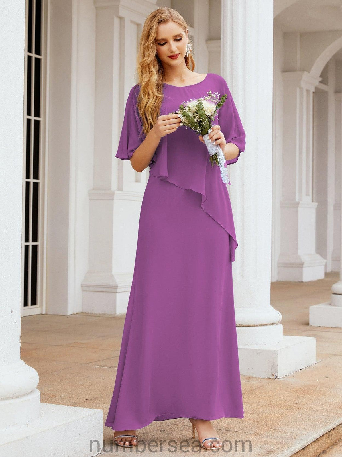 Numbersea Festliches Abendkleid Lang Mutter der Braut Kleid mit Rüschencape 28026