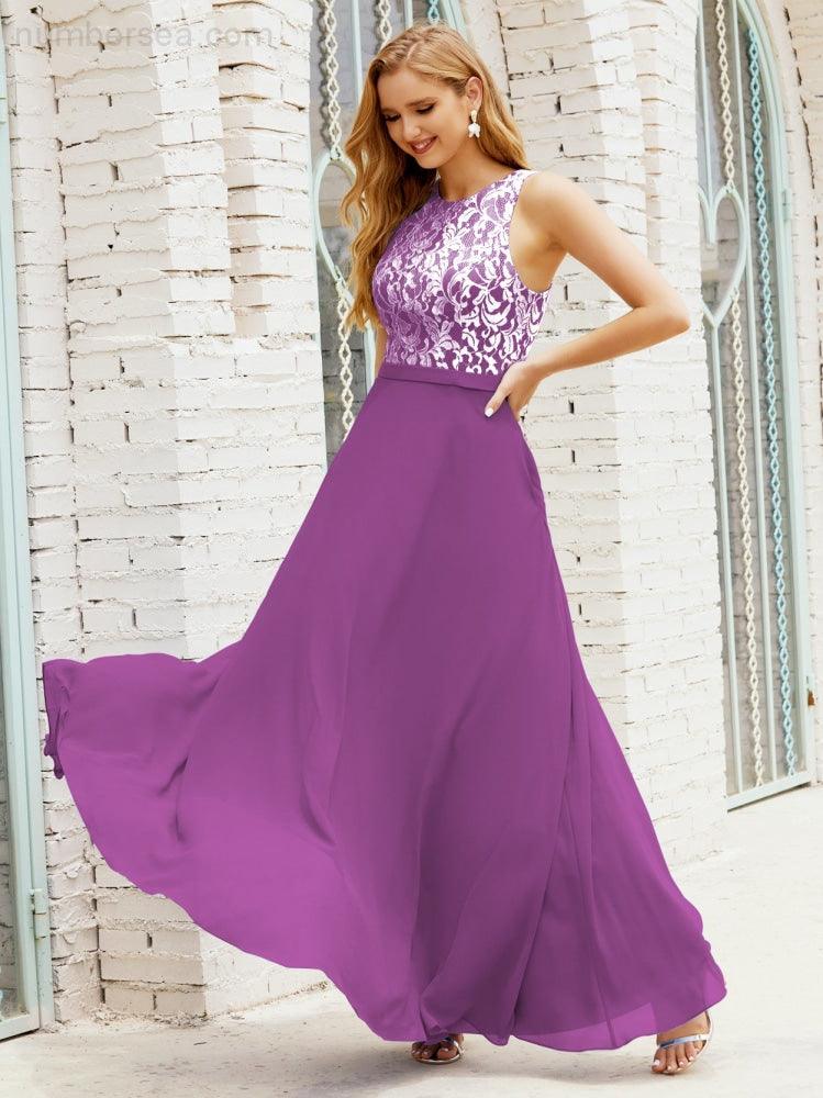 Vestido de Dama de Honra em Renda Comprimento ao Chão Vestidos de Noite com Bolsos 28017