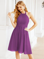 Halter Chiffon Bridesmaid Dresses Short Sleeveless Formal Party Dress Open Back 28023