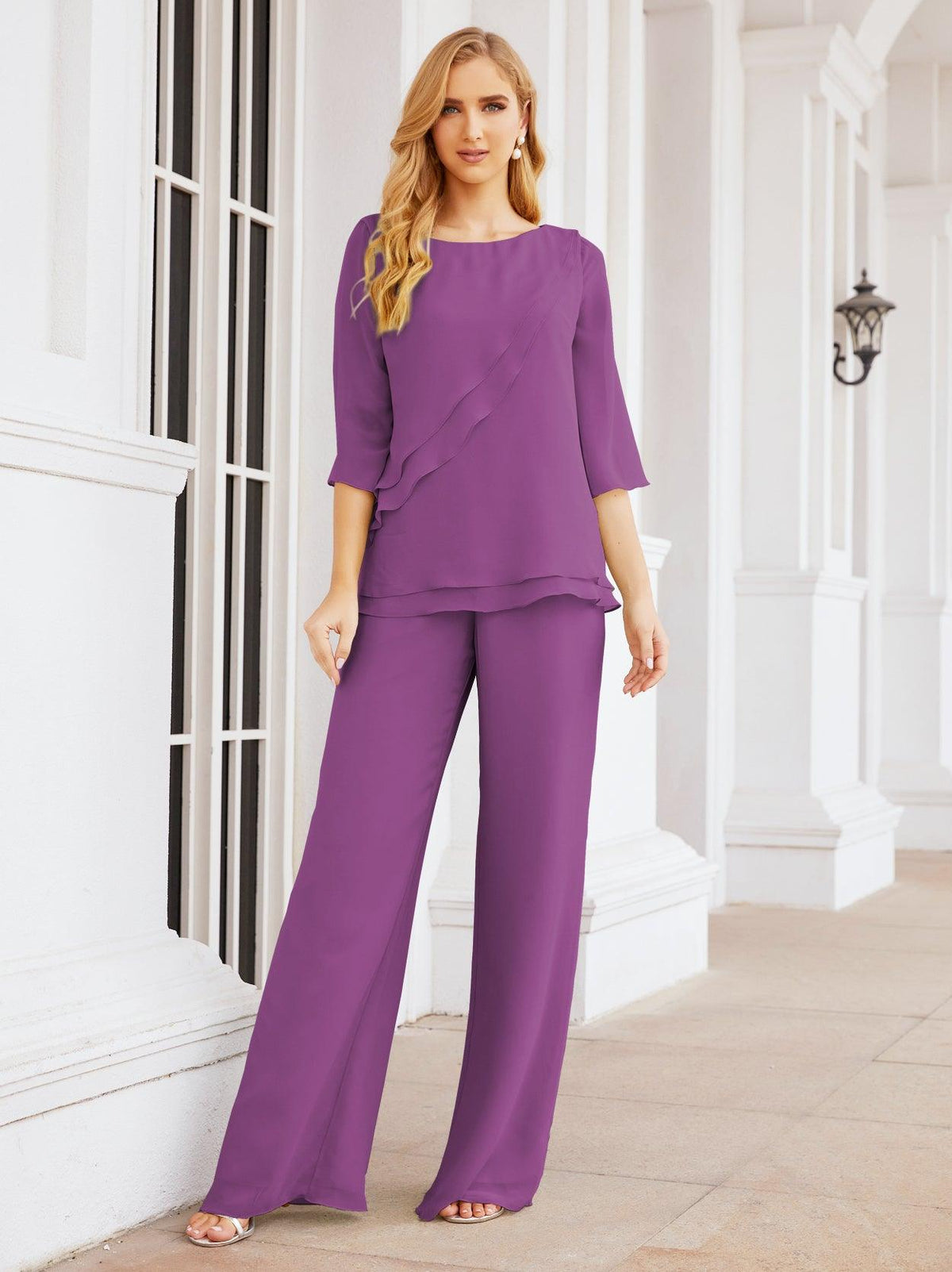 Numbersea Elegantes 2-teiliges Kleid für die Brautmutter Große Größen Hosenanzug mit Rüschenschichten Silberner Hausmantel 28064