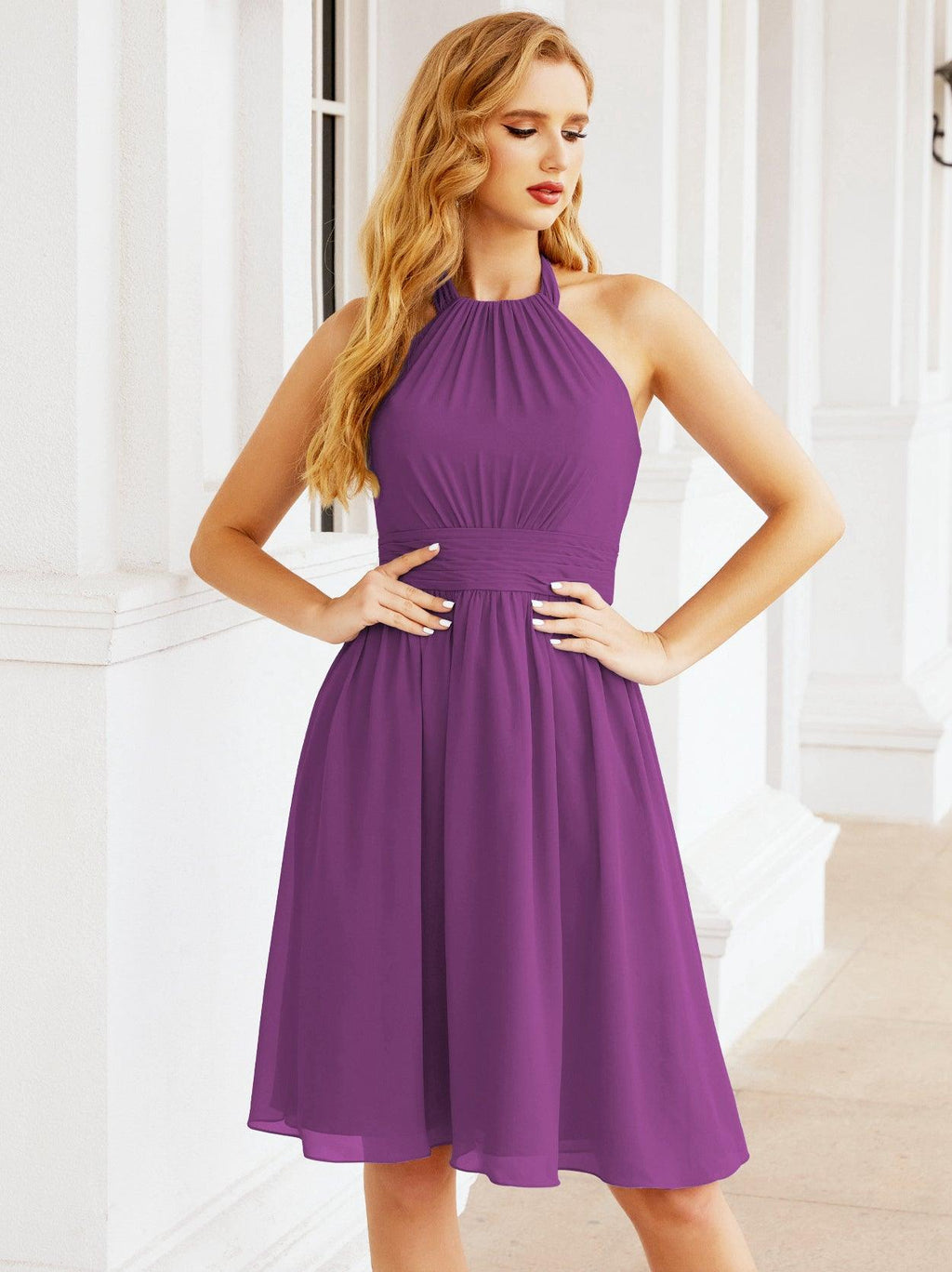 Halter Chiffon Bridesmaid Dresses Short Sleeveless Formal Party Dress Open Back 28023