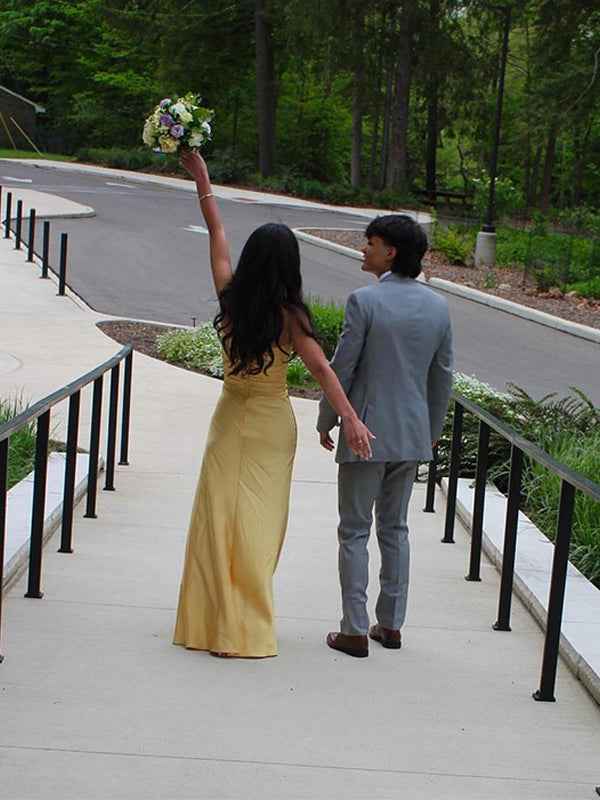 Yellow Strapless Satin Knot Front Twist Bodice Maxi Prom Dress Cutout