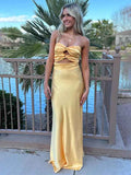 Yellow Strapless Satin Knot Front Twist Bodice Maxi Prom Dress Cutout
