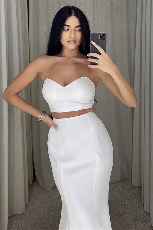 Vestido de Baile Branco Comprido de Sereia Sem Alças em Dois Peças