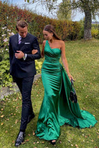 Custom One Shoulder Sleeveless Dark Green Pleated Long Prom Dress