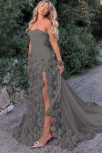 Strapless Long Mermaid Prom Dress With Split Appliques Custom Colors And Sizes