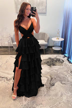 Spaghetti Strap Sleeveless Prom Dress With Ruffles And Long Split