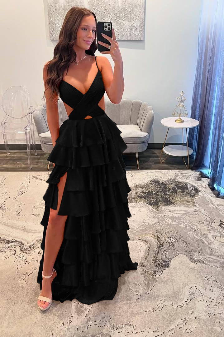 Spaghetti Strap Sleeveless Prom Dress With Ruffles And Long Split