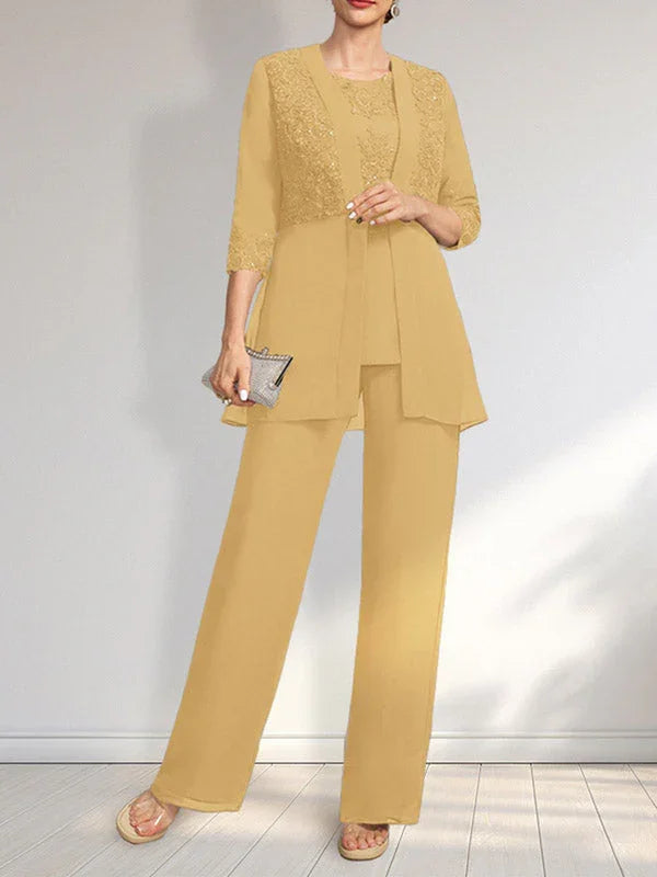 Tuta/Pantaloni Separati con Scollo a U, Lunghezza a Terra, in Chiffon e Pizzo, Abito per Madre della Sposa con Paillettes