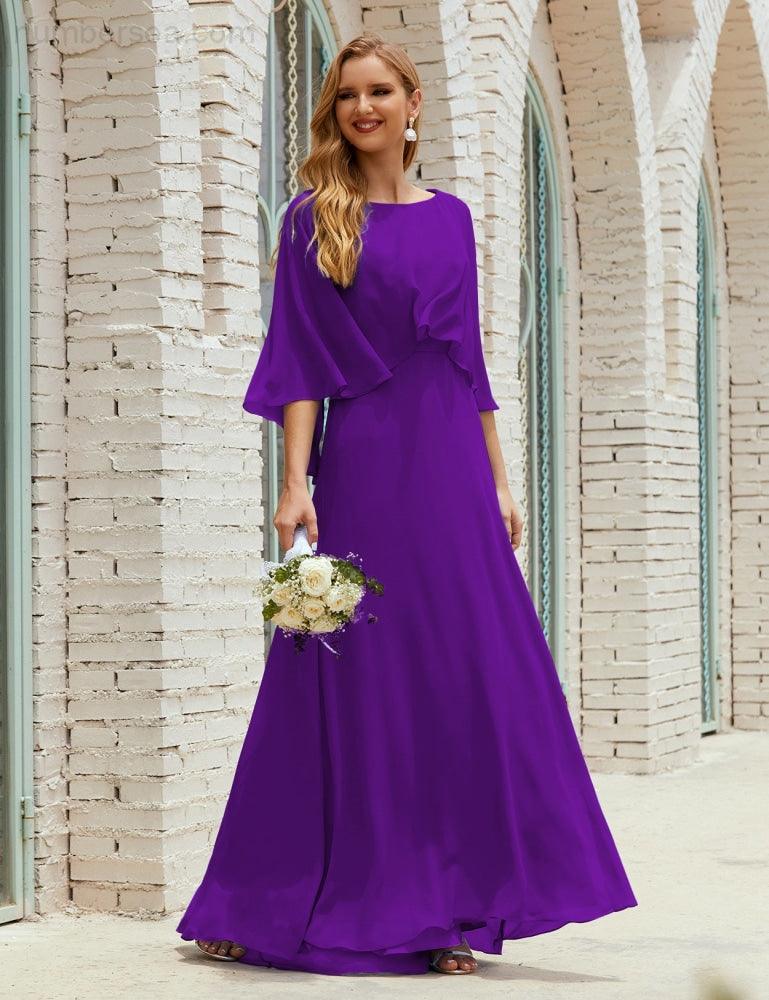 Bridesmaid Dress Women Long Sleeve V-Neck Chiffon Formal Wedding Party Dress 28018