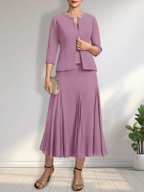 Getrenntes A-Linien Kleid mit U-Boot-Ausschnitt in Tee-Länge aus Chiffon für die Brautmutter mit Paillettenstickerei