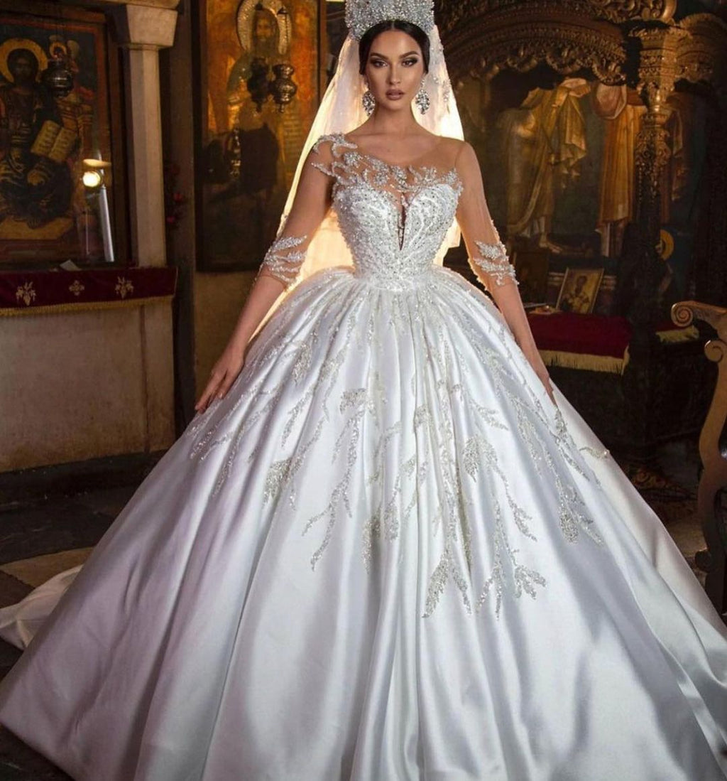 Elegant Satin Long Princess Wedding Dress With Sleeves And Sweetheart Neckline