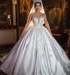 Elegant Satin Long Princess Wedding Dress With Sleeves And Sweetheart Neckline