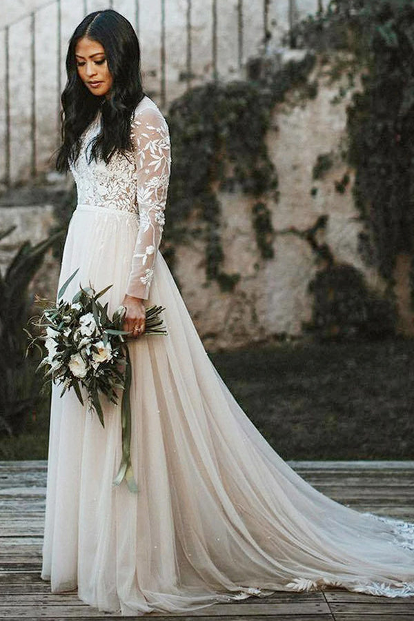 Stylish Lace Long Sleeves Scoop Sweep Train A Line Wedding Dress