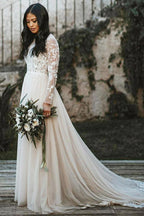 Stylish Lace Long Sleeves Scoop Sweep Train A Line Wedding Dress