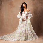 Robe de maternité Fairy Blossom Chiffion pour séance photo, manches bouffantes, imprimé floral, robe de photographie de maternité, vêtements de grossesse pour femmes