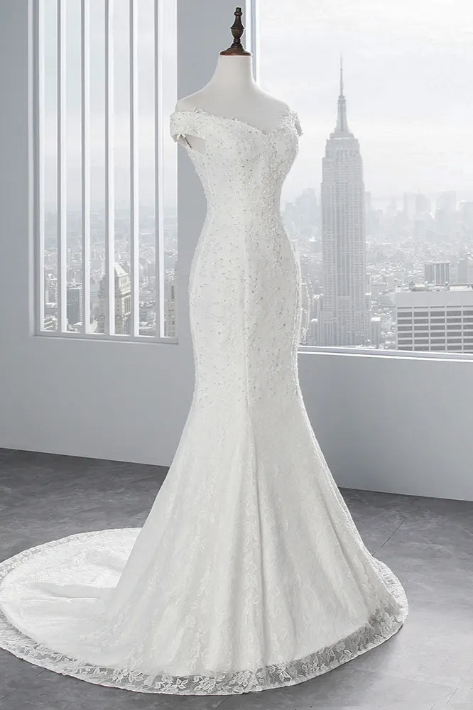Off Shoulder Lace Mermaid Wedding Dress Floor Length Bridal Gown