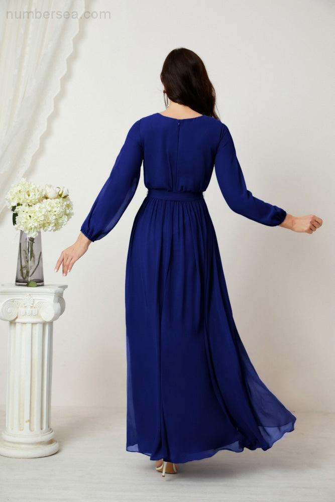 Evening Dresses Deep V-Neck Chiffon Bridesmaid Dresses Long Bishop Sleeve Side Split Formal Dress 2806