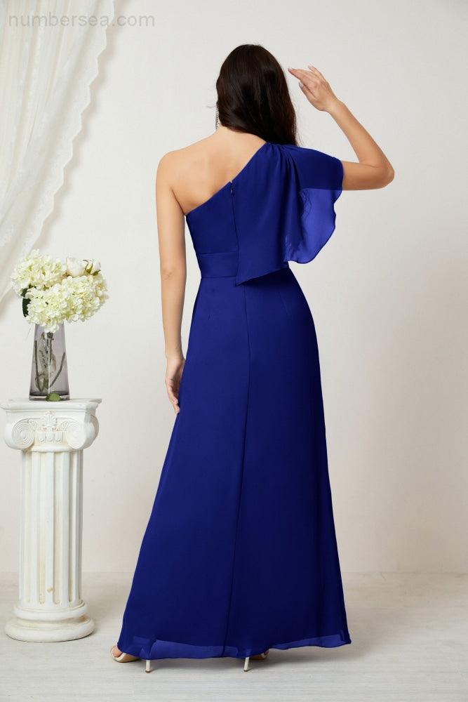 Chiffon Ruffled One Shoulder Long Bridesmaid Dresses A-line Formal Evening Gown Side Split 2809