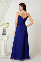 Chiffon V-Neck Bridesmaid Dress Spaghetti Strap Long Formal Party Prom Gowns with Slit 28010