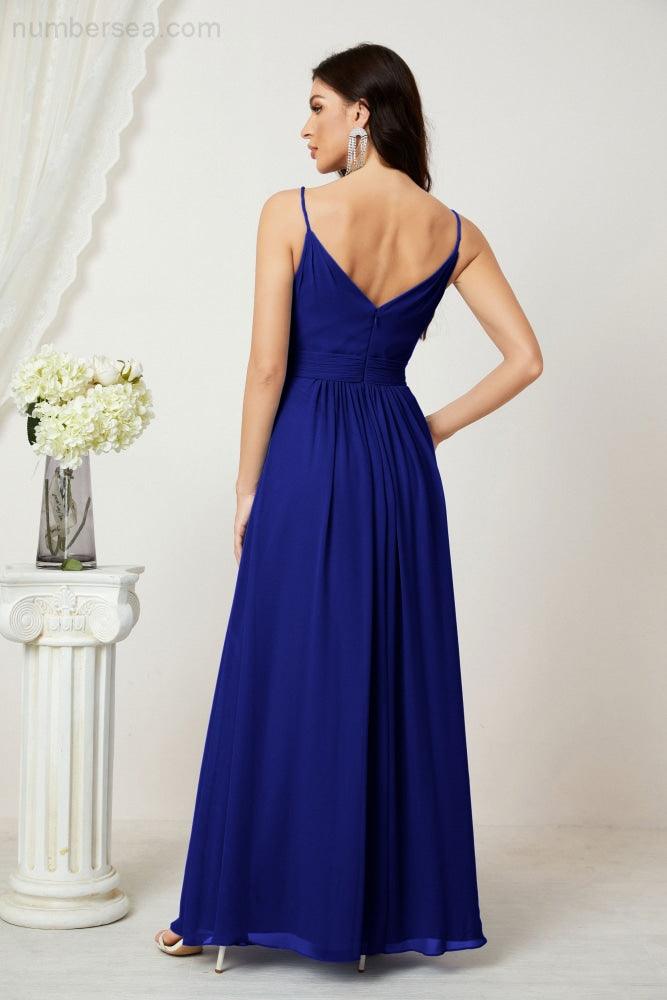 Chiffon V-Neck Bridesmaid Dress Spaghetti Strap Long Formal Party Prom Gowns with Slit 28010