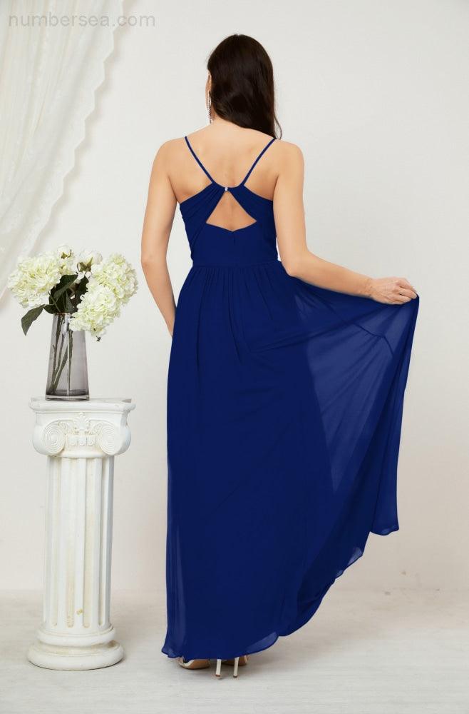 Neck Bridesmaid Dresses Chiffon Long Spaghetti A-line Formal Prom Gown for Wedding Party Evening 2801