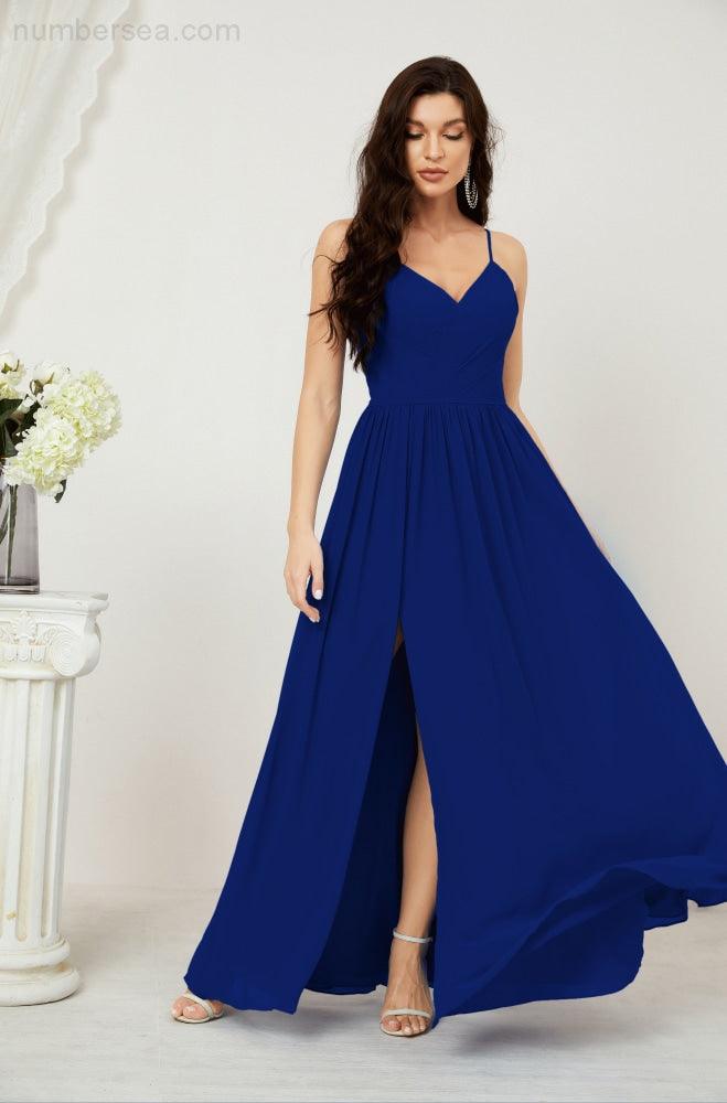 Neck Bridesmaid Dresses Chiffon Long Spaghetti A-line Formal Prom Gown for Wedding Party Evening 2801