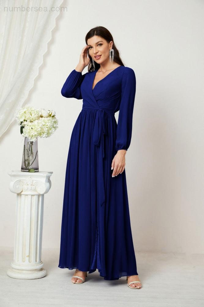 Evening Dresses Deep V-Neck Chiffon Bridesmaid Dresses Long Bishop Sleeve Side Split Formal Dress 2806