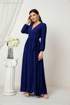 Evening Dresses Deep V-Neck Chiffon Bridesmaid Dresses Long Bishop Sleeve Side Split Formal Dress 2806