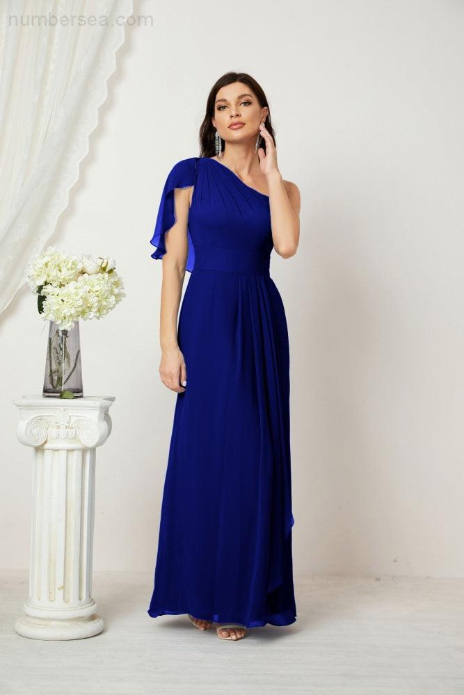 Chiffon Ruffled One Shoulder Long Bridesmaid Dresses A-line Formal Evening Gown Side Split 2809