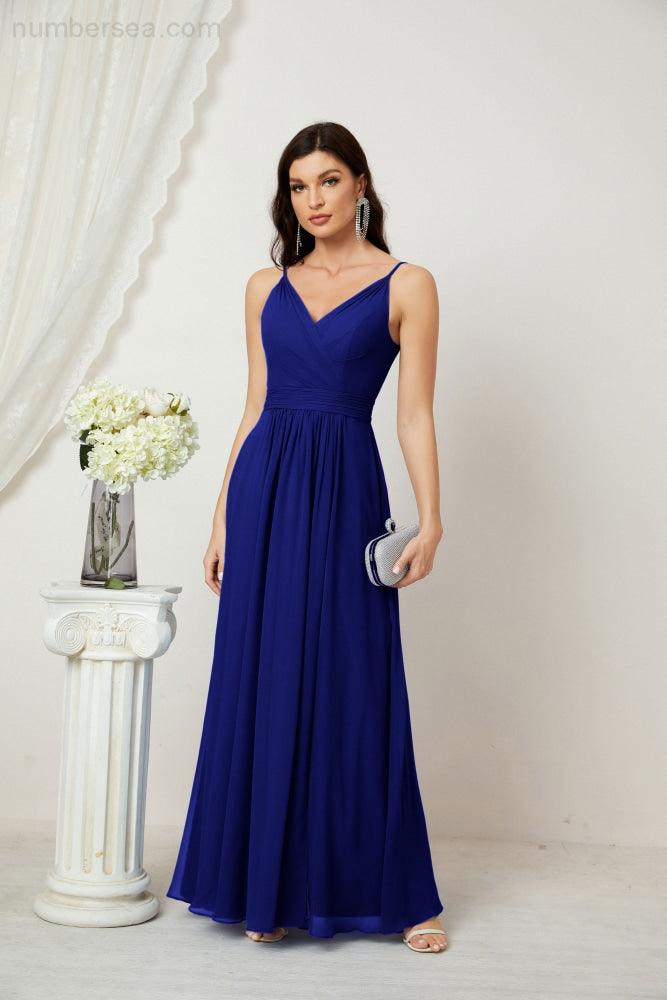 Chiffon V-Neck Bridesmaid Dress Spaghetti Strap Long Formal Party Prom Gowns with Slit 28010