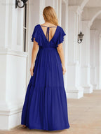 Abiti da sera formali da donna Numbersea con schiena scoperta, scollo a V, lunghi in chiffon, abiti da damigella con cintura in vita 28038