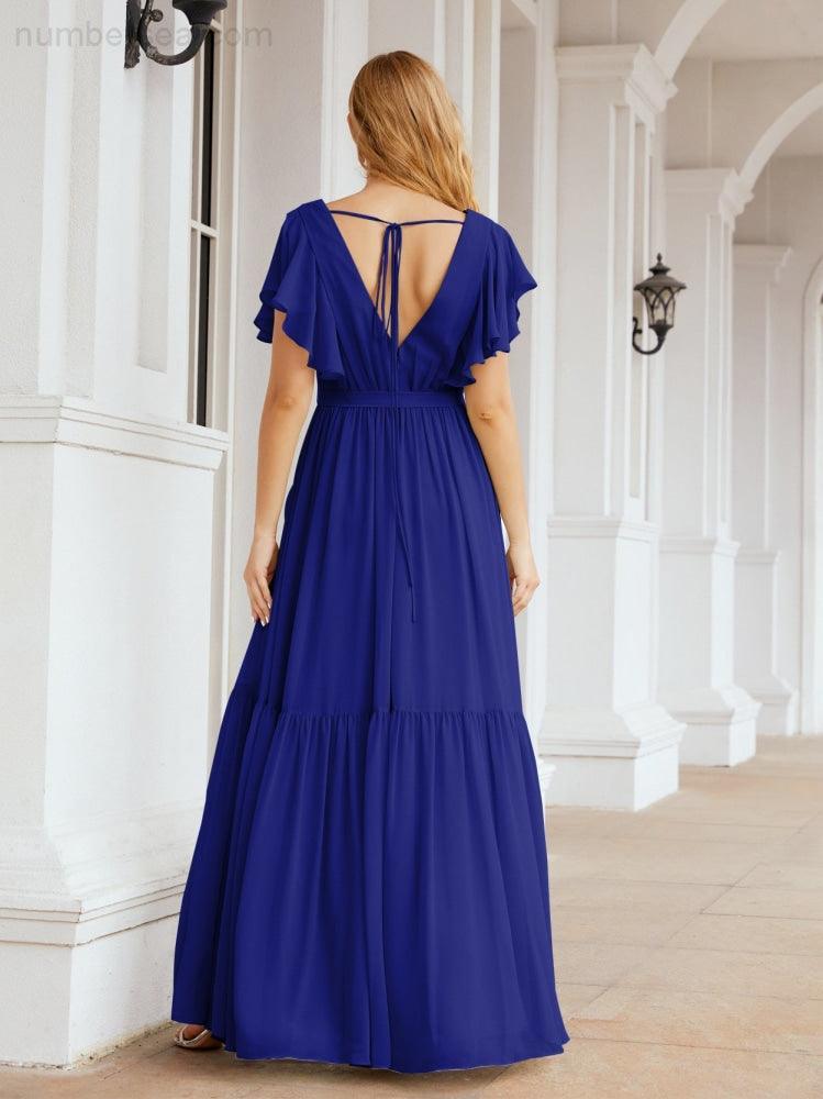 Abiti da sera formali da donna Numbersea con schiena scoperta, scollo a V, lunghi in chiffon, abiti da damigella con cintura in vita 28038