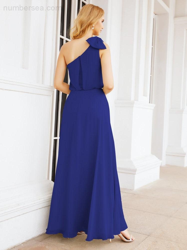 Chiffon Ruffled One Shoulder Sleeveless Long Bride Dresses A-line Formal Evening Gown Side Split 28057
