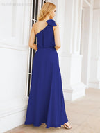 Chiffon Ruffled One Shoulder Sleeveless Long Bride Dresses A-line Formal Evening Gown Side Split 28057